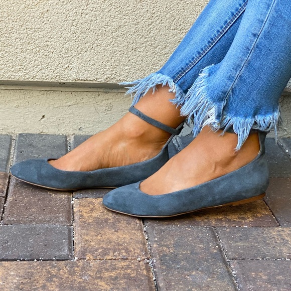 Genuine Suede Gray Ankle Strap Mary Jane Flats - Picture 5 of 8